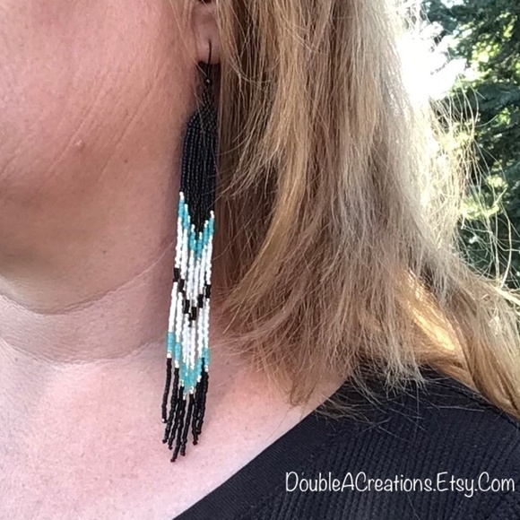 Black and Turquoise Fringed Long Earrings, New, Handmade by Me - Picture 10 of 10